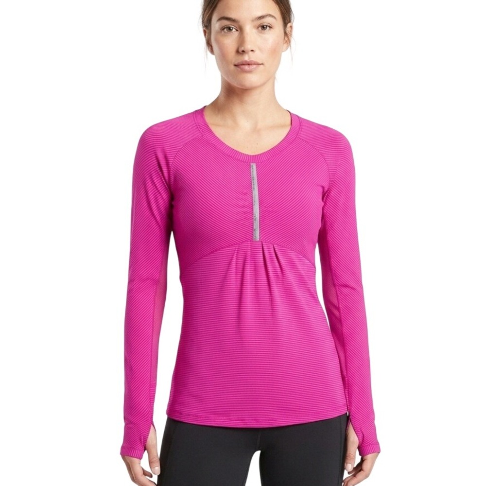 Athleta Performance Top Women XXS Pink Striped Thumbhole Ruched 427837 Casual
